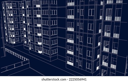 residential building façade perspective 3d Line drawing sketch illustration eps10 blueprint