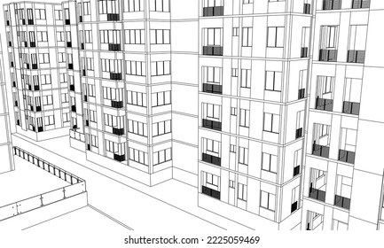 residential building façade perspective 3d Line drawing sketch illustration eps10