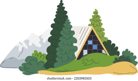Edificio residencial en un bosque de pinos, casa aislada en bosques. El complejo ecológico y el descanso, relajación en la naturaleza y aire fresco. Cordillera y hierba verde, apartamento de alquiler. Vector de estilo plano