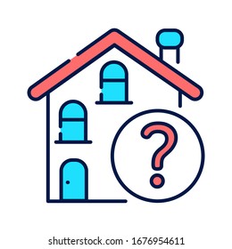 Residential building with a question mark line color icon. Confusion with location. Dementia symptom. Memory loss. Sign for web page, mobile app, button, logo. Editable stroke.