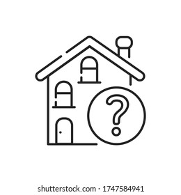 Residential building with a question mark line black icon. Confusion with location. Dementia symptom. Memory loss. Sign for web page, mobile app, button, logo. Editable stroke.