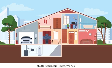 Edificio residencial en sección. El interior de la casa con mobiliario. Habitaciones diferentes, cocina, baño, dormitorio. Ilustración del vector