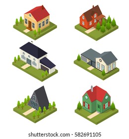 Residential Building Set Isometric View Architecture Modern Exterior Facade for City and Village. Vector illustration
