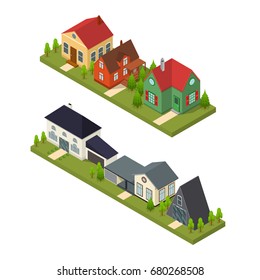 Residential Building Set Isometric View Architecture Modern Exterior Facade for City and Village. Vector illustration