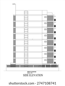 Residential Building Side Elevation Exterior Design – clean CAD-style vector illustration isolated on white background, EPS 10