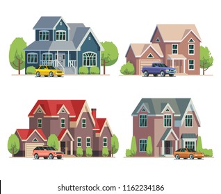 Residential Building Side View. Colorful Flat Houses. Modern Cottage. Vector Illustration.