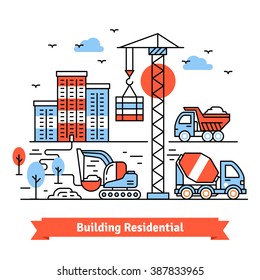 Residential building site and machinery composition. Thin line art icons set. Flat style illustrations isolated on white.