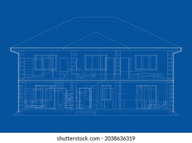 Residential building technical drawing. Vector rendering of 3d. Wire-frame style. The layers of visible and invisible lines are separated. Orthography or isometric