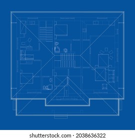 Residential building technical drawing. Vector rendering of 3d. Wire-frame style. The layers of visible and invisible lines are separated. Orthography or isometric