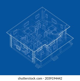 Residential building technical drawing. Vector rendering of 3d. Wire-frame style. The layers of visible and invisible lines are separated. Orthography or isometric