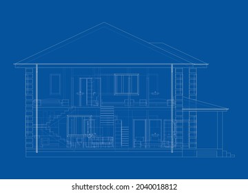 Residential building technical drawing. Vector rendering of 3d. Wire-frame style. The layers of visible and invisible lines are separated. Orthography or isometric