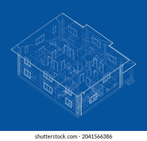 Residential building technical drawing. Vector rendering of 3d. Wire-frame style. The layers of visible and invisible lines are separated. Orthography or isometric