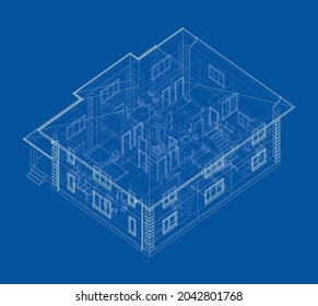 Residential building technical drawing. Vector rendering of 3d. Wire-frame style. The layers of visible and invisible lines are separated. Orthography or isometric