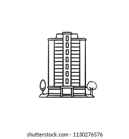 Wohngebäude mit Bäumen handgezeichnet Umriss-Symbol. Luxusunterkunft und Mietkonzept. Vektorgrafik-Illustration für Druck, Web, Mobile und Infografiken auf weißem Hintergrund.