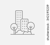 Residential building with trees line icon for web, mobile and infographics. Vector dark grey icon isolated on light grey background.