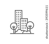 Residential building with trees line icon.