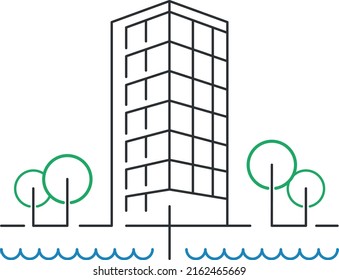 Residential building with trees line icon. City building and skyscraper and trees. Vector flat style line illustration. City with modern house. Green park in the city center. Park and smart concept.