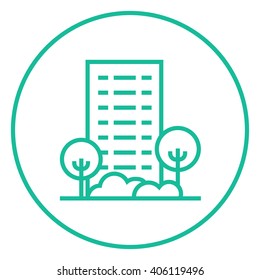 Residential building with trees line icon.