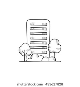 Residential building with trees vector sketch icon isolated on background. Hand drawn Residential building with trees icon. Residential building with trees sketch icon for infographic, website or app.