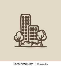 Residential building with trees vector sketch icon isolated on background. Hand drawn Residential building with trees icon. Residential building with trees sketch icon for infographic, website or app.
