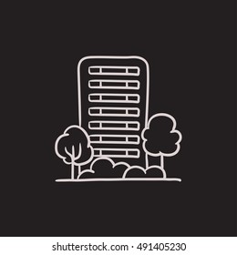 Residential building with trees vector sketch icon isolated on background. Hand drawn Residential building with trees icon. Residential building with trees sketch icon for infographic, website or app.