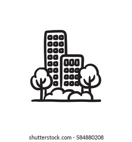 Residential building with trees vector sketch icon isolated on background. Hand drawn Residential building with trees icon. Residential building with trees sketch icon for infographic, website or app.