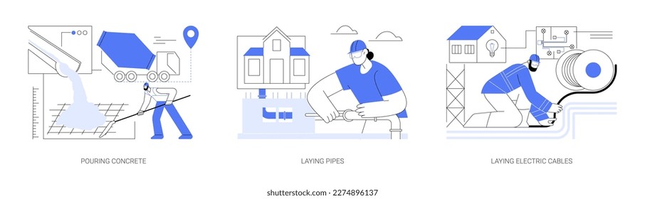 Residential building utilities installation abstract concept vector illustration set. Pouring concrete, laying pipes and electric cables, water supply and sewerage, contractors job abstract metaphor.