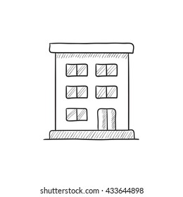 Icono de esbozo vectorial de edificio residencial aislado en el fondo. Icono de construcción residencial dibujado a mano. Icono de esbozo de edificio residencial para infografía, sitio web o aplicación.