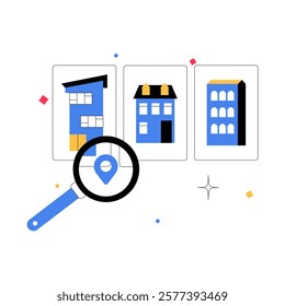 Residential Buildings With Magnifying Glass And Map Pin In Flat Vector Illustration Symbolizing Real Estate Search, Property Comparison, And Urban Living, Isolated On White Background