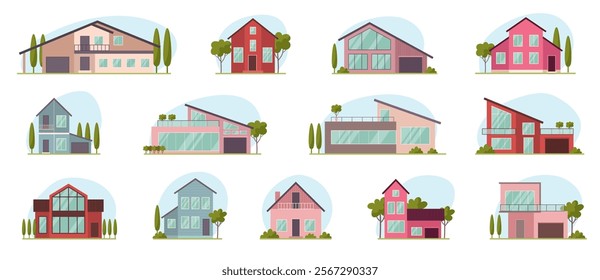 Residential buildings. Modern village houses recent vector cottage in flat style