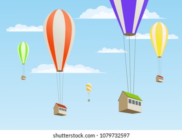 Residential buildings moving in balloons, relocation, logistics
