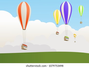 Residential buildings moving in balloons, relocation, logistics
