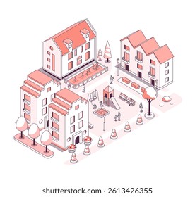 Residential buildings with playground - vector isometric illustration
