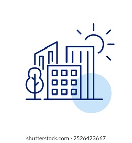 Residential buildings, sun and tree. Smart city, comfortable residence with sustainable living. Pixel perfect vector icon