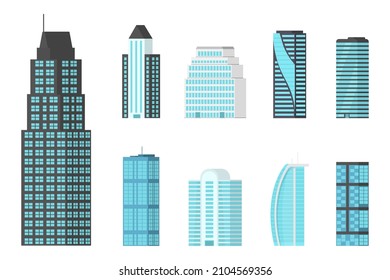 Residential and business office houses. Exterior of modern city buildings. Skyscrapers urban structure with house facade. Modern flat isolated on white background. Metropolis. Vector illustration.