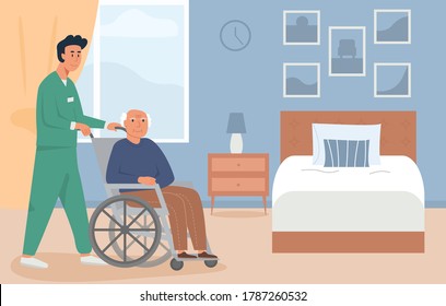 Residential Care Facility. A Caretaker With Old Man On Wheelchair. A Bedroom In Nursing Home Or Retirement Home. Scene Of Disabled Elderly Person With Social Worker At Home. Concept Of Assisted Living