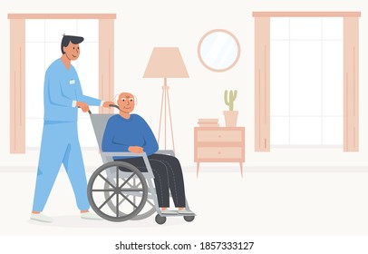 Residential Care Facility. A Caretaker With Old Man On Wheelchair. A Bedroom In Nursing Home, Retirement Home. Scene Of Disabled Elderly Person With Social Worker At Home. Concept Of Assisted Living.