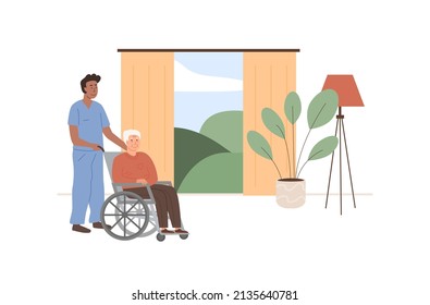 Centro de atención domiciliaria. Un cuidador con un anciano en silla de ruedas. Un dormitorio en una casa de ancianos, casa de retiro. Escena de ancianos con trabajadores sociales en casa. Concepto de vida asistida.