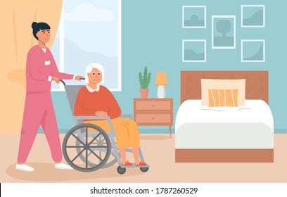 Residential Care Facility. A Nurse With Old Woman On Wheelchair. A Bedroom In Nursing Home Or Retirement Home. Scene Of Disabled Elderly Person With Social Worker At Home. Concept Of Assisted Living.