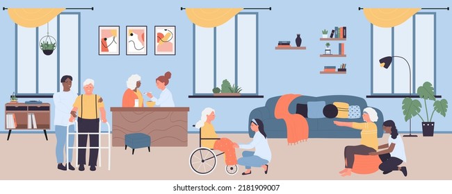 Residential care facility, nursing home vector illustration. Cartoon nurses and volunteers help and support senior people pensioners, caretaker with old woman sitting in wheelchair background