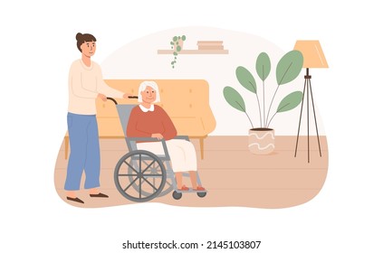 Residential care facility. Social worker taking care of disabled elderly person on wheelchair. Old age woman living in senior house. Home care services for retired people. Vector flat illustration.