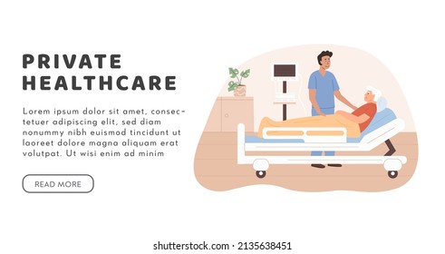 Residential care or private healthcare facility vector web banner template in flat style. Doctor visit patient at hospital. Home care services for elderly people. Sick old man lying on bed.