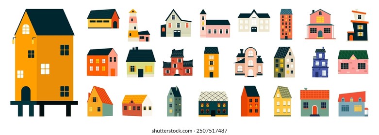 Residential and city houses flat cartoon illustrations. City architecture, stores retro and modern buildings. Exterior set