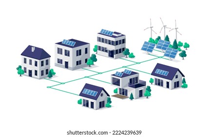 Residential city town buildings connected to renewable solar wind power generation stations. Photovoltaic panels on house roof. Green smart cloud management sustainable electricity grid system.  svg