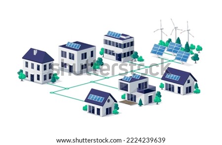 Residential city town buildings connected to renewable solar wind power generation stations. Photovoltaic panels on house roof. Green smart cloud management sustainable electricity grid system. 