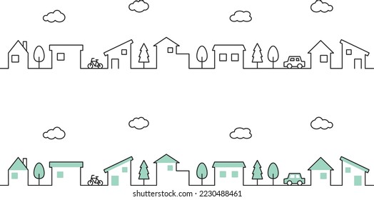 Conjunto de ilustraciones de la línea de paisaje urbano residencial. Ver.horizontal, verde, nube