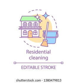 Residential cleaning concept icon. Cleaning services idea thin line illustration. House cleanup. Mopping, wiping. Housekeeping. Maid service. Vector isolated outline drawing. Editable stroke