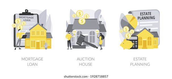 Residential and commercial property abstract concept vector illustration set. Real estate services, mortgage loan, auction house, estate planning, down payment, attorney advise abstract metaphor.