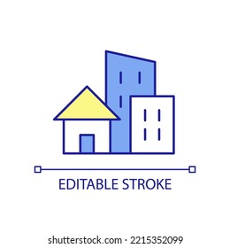 Residential and commercial real estate RGB color icon. Architecture design. Urban buildings. Isolated vector illustration. Simple filled line drawing. Editable stroke. Arial font used