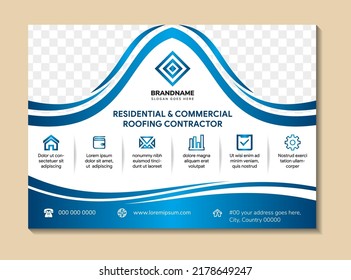 residential and commercial roofing construction banner design template. poster design with space of photo and text. horizontal print ready. Combination of blue gradient an element and white background